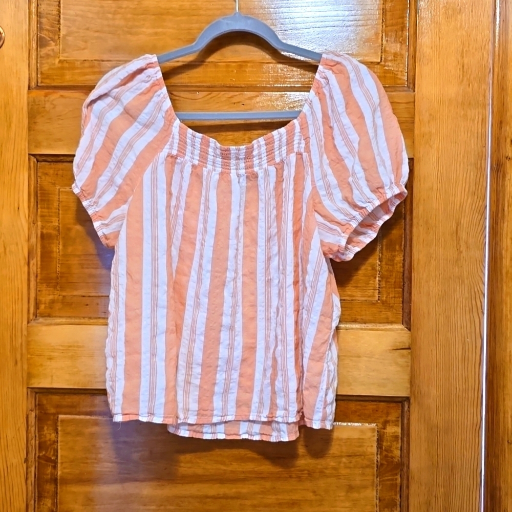 A.N.A. Peach Striped Beachy Boho Ballon Sleeve Crop Top L